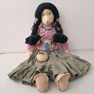 Vtg Handmade Folk Art‎ Native American Stuffed Plush Decor 28" w/ Real Jewelry